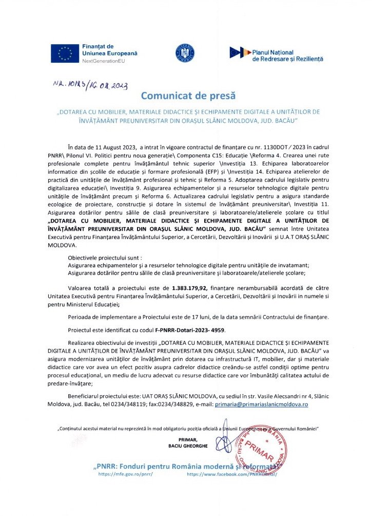 Comunicat de presa Slanic Moldova