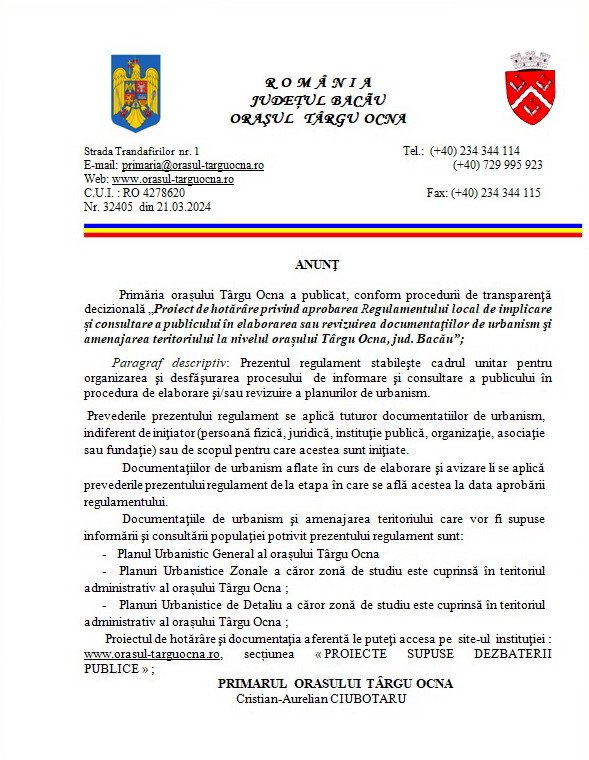 ANUNT Primaria Orasului Targu Ocna