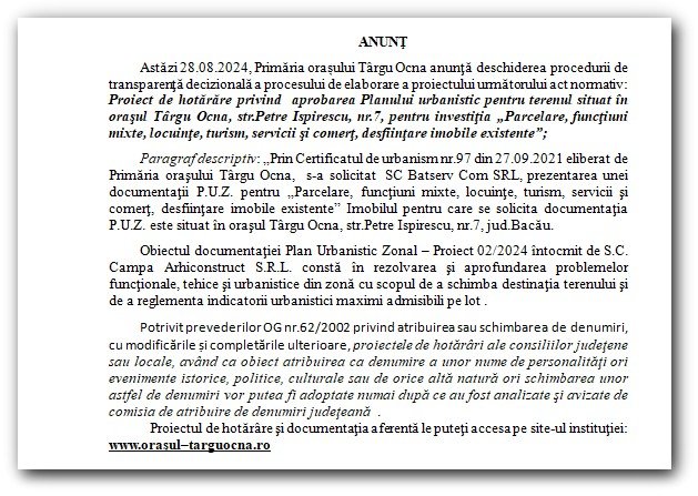 ANUNT UAT Orasul Targu Ocna
